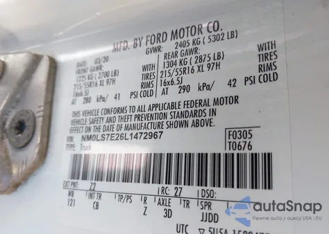 2020 Ford Transit Connect Xl z USA, uszkodzony, nr VIN NM0LS7E26L1472967